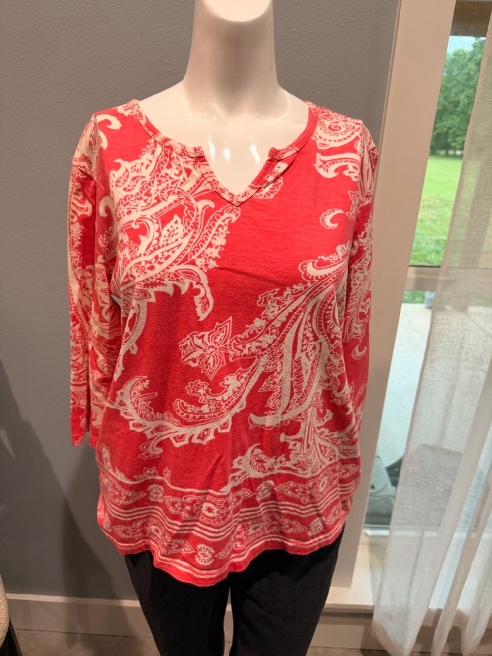 American Sweetheart 100% Cotton Made in India Coral Paisley Long-Sleeve V-Neck T